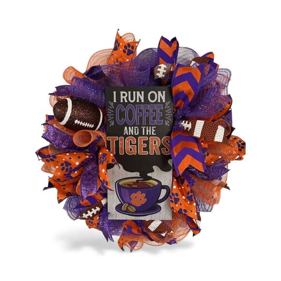 Clemson Football Wreath I Run On Tigers and Coffee - Picture 1 of 5
